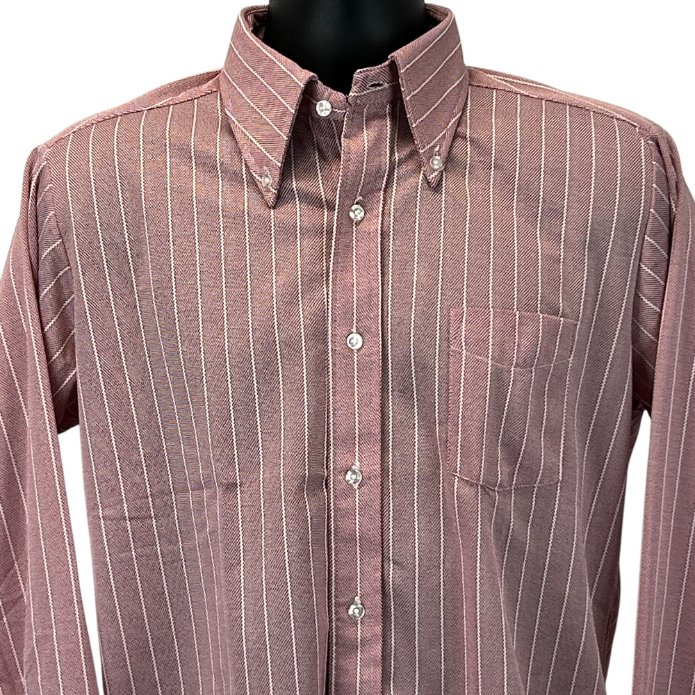 Vintage 70s Button Front Shirt Big Collar Disco Striped Red Mens L Large 16-35